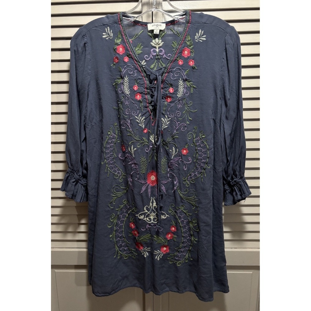 Umgee Embroidery Floral 3/4 Ruffle Sleeve Lace Up Blouse Size S Boho